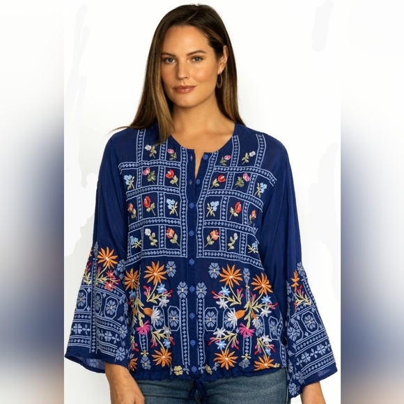 Johnny Was Tops - Johnny Was Wyatt Deep Blue Boho Top, Brilliant Vibrant Floral Embroidery, L, EUC